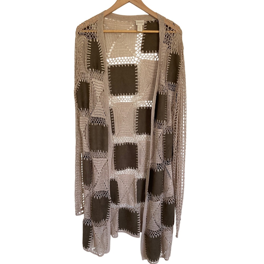 Chicos Patchwork Crochet Faux Suede‎ Longline Cardigan Duster Tan Green Size  XL